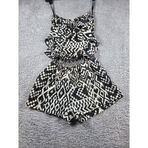 Papaya Romper Small Black White Womens Geometric Ikat Ruffle Smocked Waist